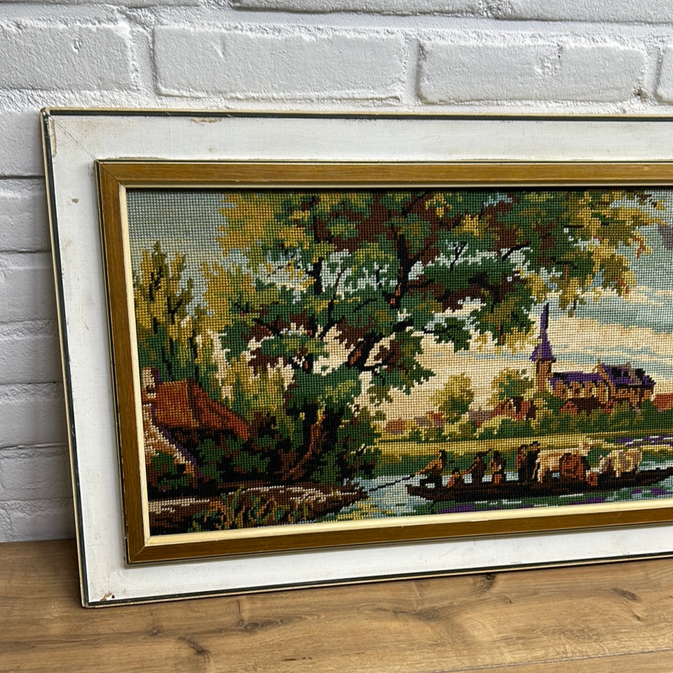 Large 100cm horizontal landscape with river and castle - Embroidery - Cottonwork - Framed