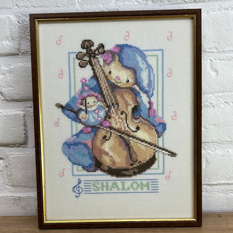 Mouse playing Violin Shalom - Children’s room - Embroidery - Tapestry - Patchwork - Cotton work - Framed