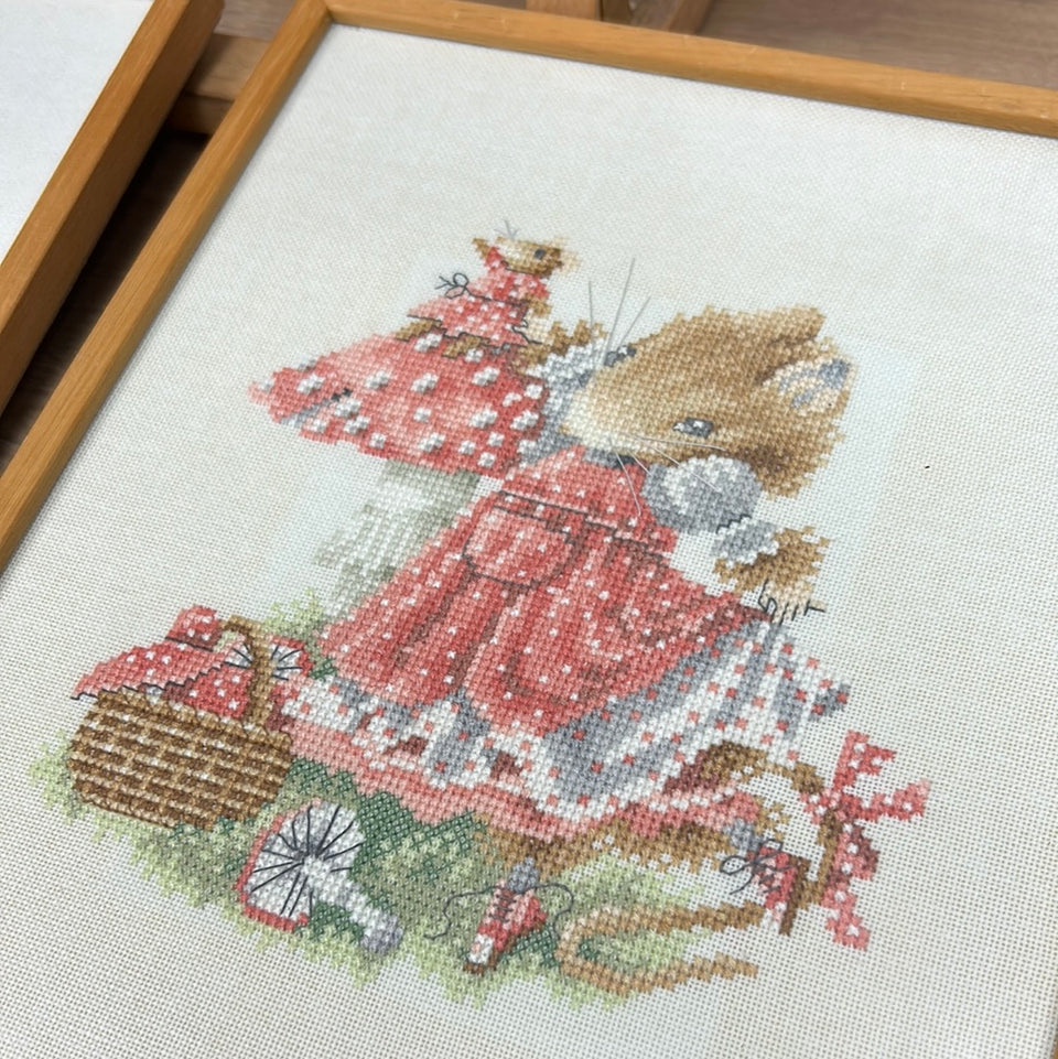 Vintage Mouse - 4 seasons - Embroidery complete set of 4 - Childrens room - Tapestry Mouse - Patchwork - Cotton work - Framed behind glass