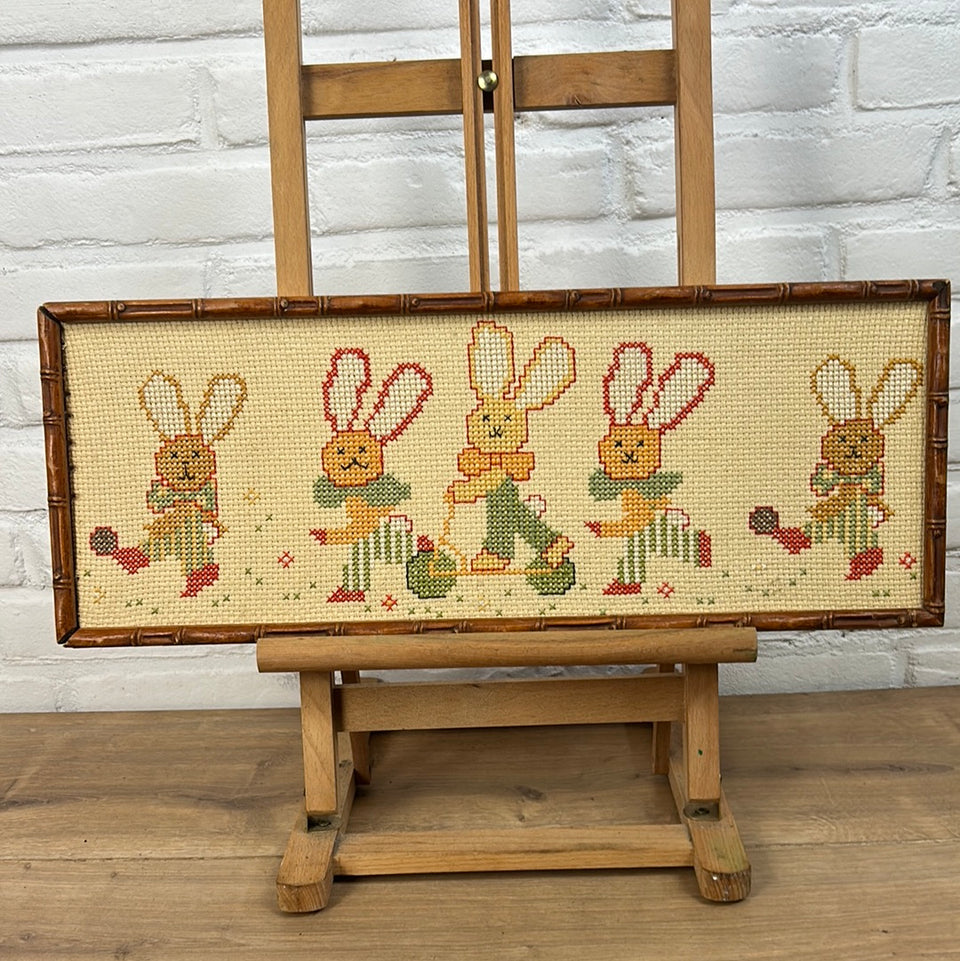 Bunnies Childrens room Embroidery - Tapestry Rabbits - Patchwork - Cotton work - Framed