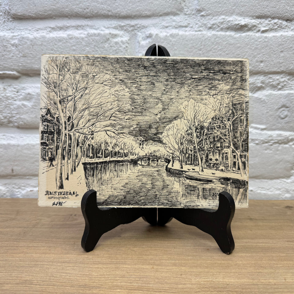 Original Ink Drawing Amsterdam - Herengracht in winter time - Henk Visser - Ink drawing on front and back
