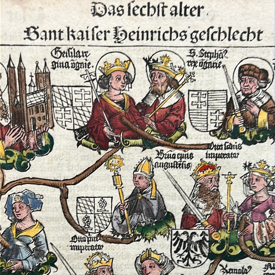 15th Century original Nuremberg Chronicles leaf - Genealogy of Henry II