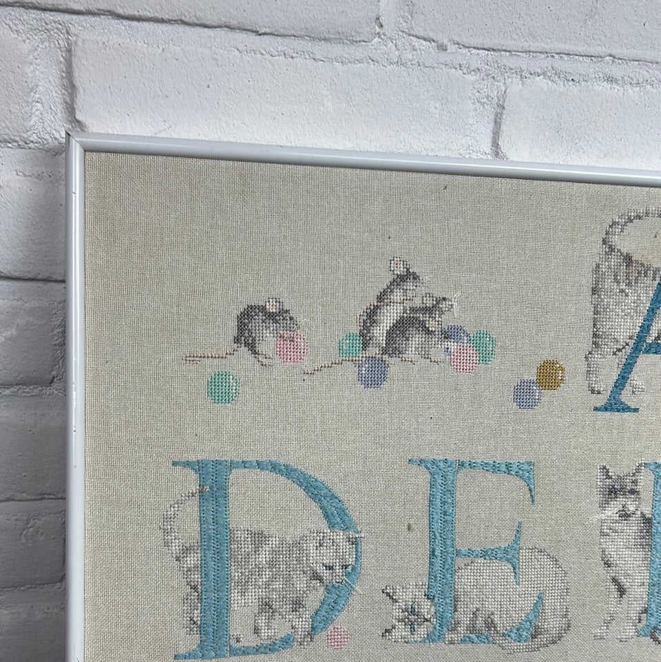 Large 80cm Vintage Alphabet & Cats and mouses - Embroidery - Cottonwork - Framed