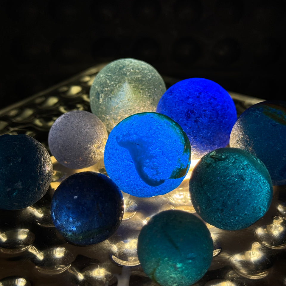 Sea Glass Mixed set of 9 Antique Blue - Cobalt colored themed glass marbles