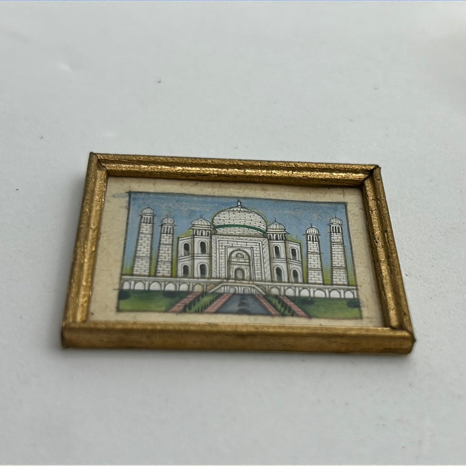 Miniature handmade Taj Mahal colored drawing framed