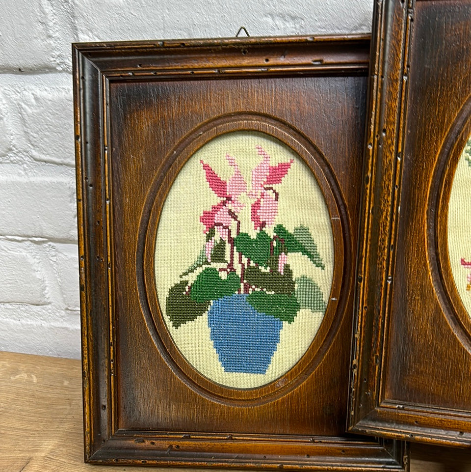 Set of 3 embroideries of a Cactus and Flowers - Embroidery - Tapestry - Patchwork - Cottonwork