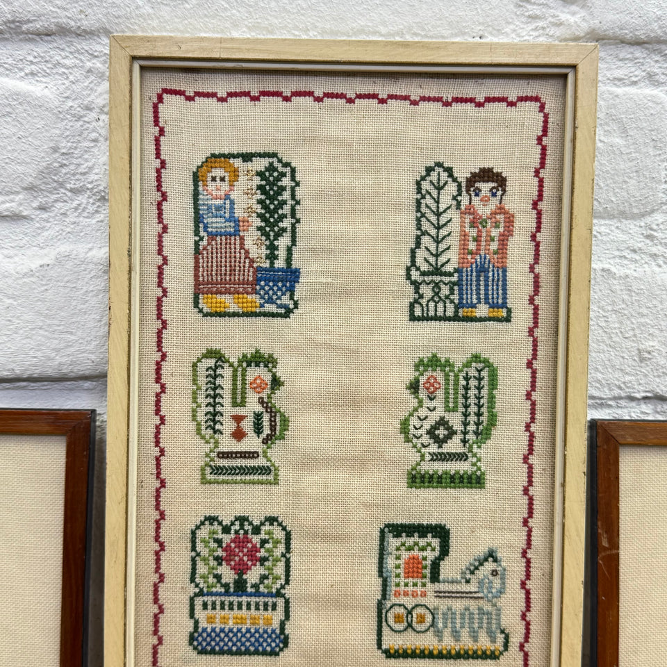 A set of 3 framed Dutch Embroideries - Cross-Stitch Embroidery - Cottonwork - Framed