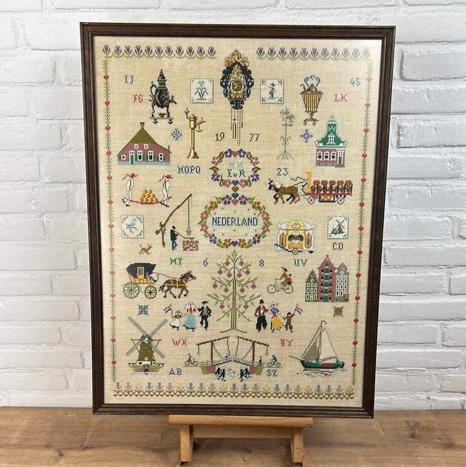 Vintage Sampler Dutch Scenes from Holland Embroidery - Tapestry - Patchwork - Cotton work - Framed