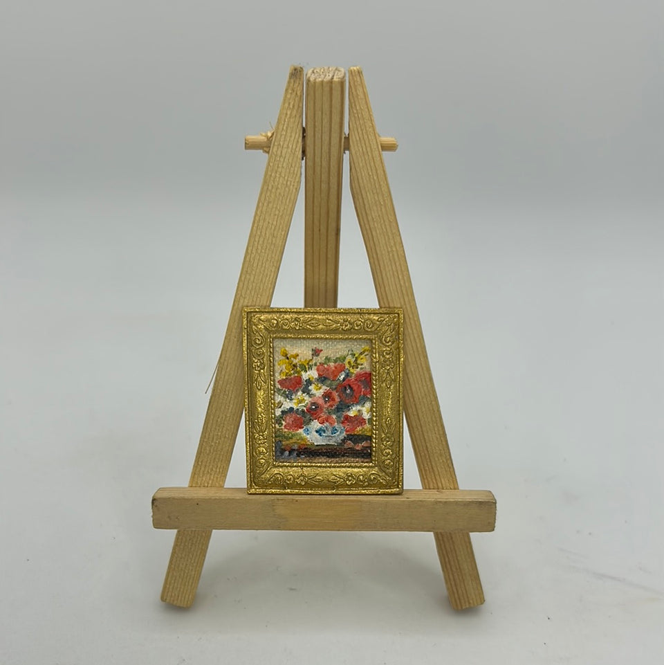 Miniature oil painting, still life with flowers in golden frame
