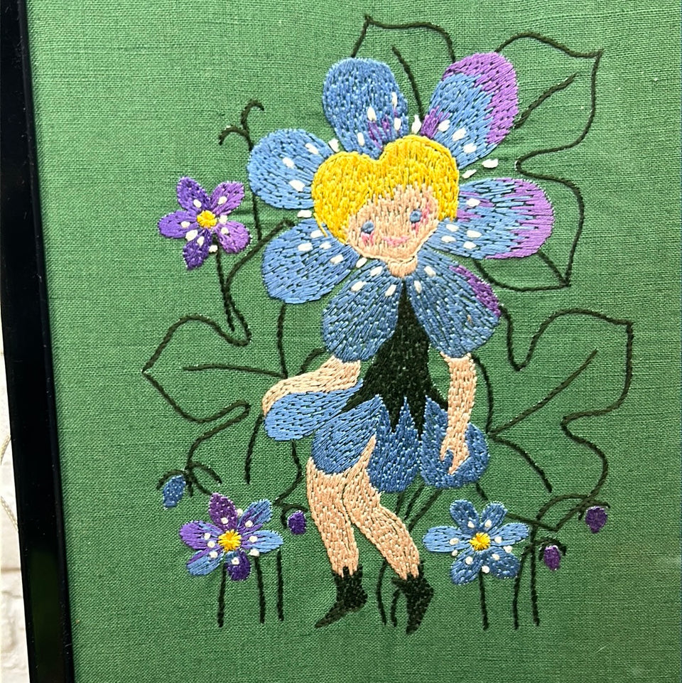 Colourful flower girl on dark background - Vintage Embroidery - Tapestry - Patchwork - Cotton work - Framed