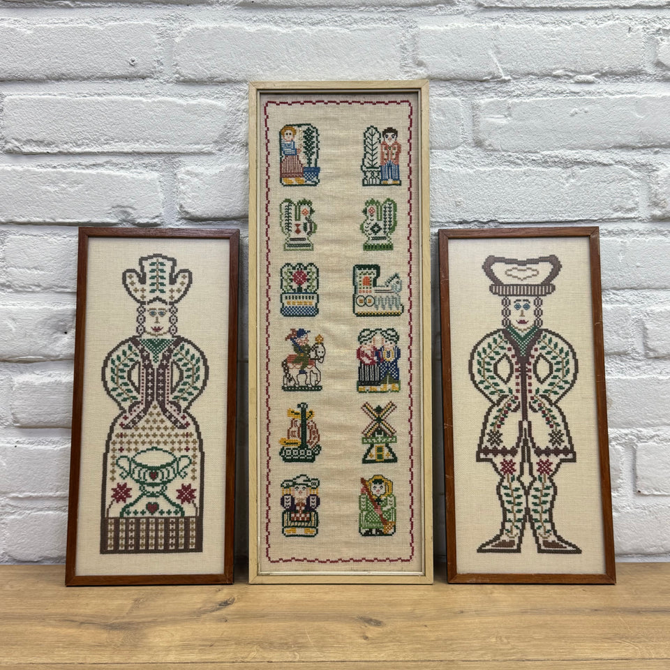 A set of 3 framed Dutch Embroideries - Cross-Stitch Embroidery - Cottonwork - Framed