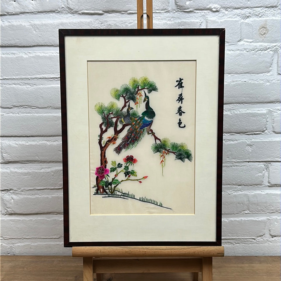 Asian Silk Cotton work - Peacock in tree with flowers - Sparrows Screen Spring Scenery