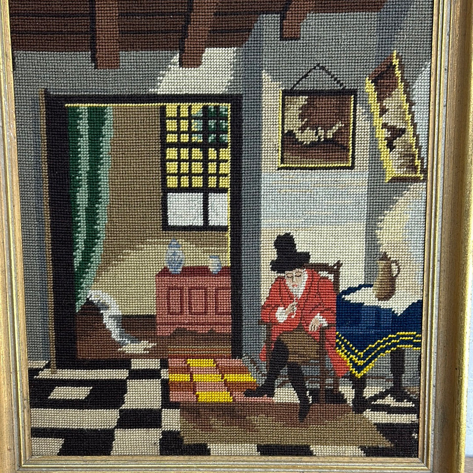 Dutch Interior Vermeer - Vintage Embroidery - Tapestry - Patchwork - Cotton work - Framed