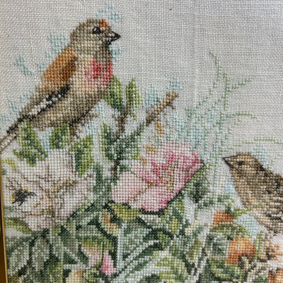 Bird & Butterfly - Embroidery - Tapestry - Patchwork - Cotton work - Framed