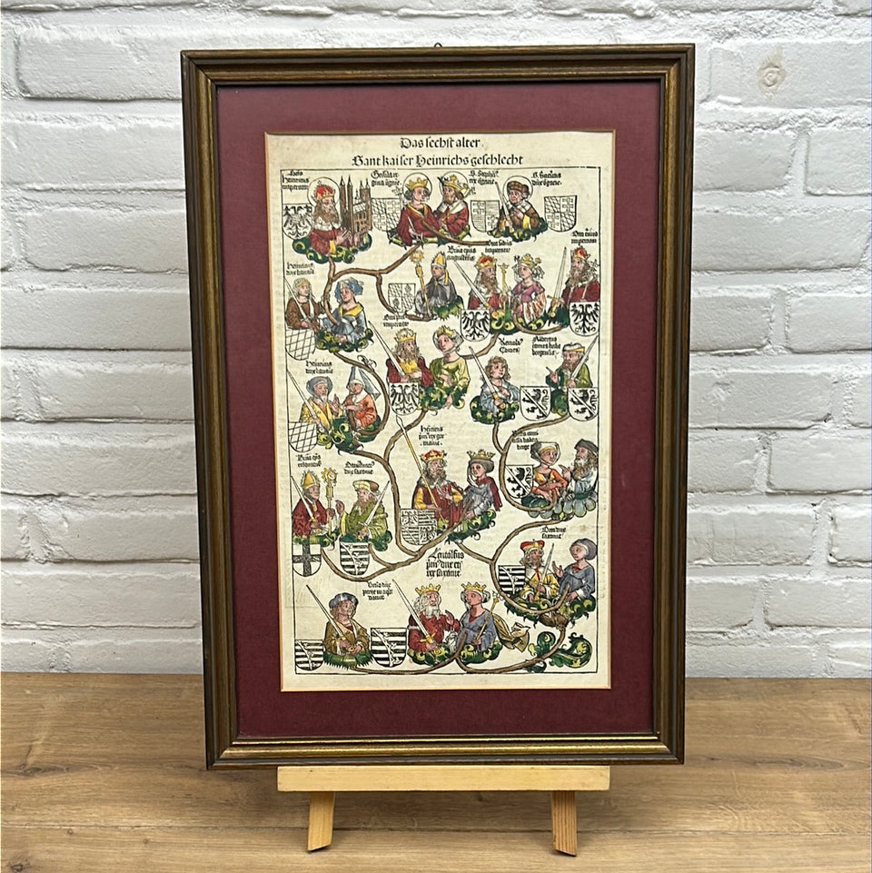 15th Century original Nuremberg Chronicles leaf - Genealogy of Henry II