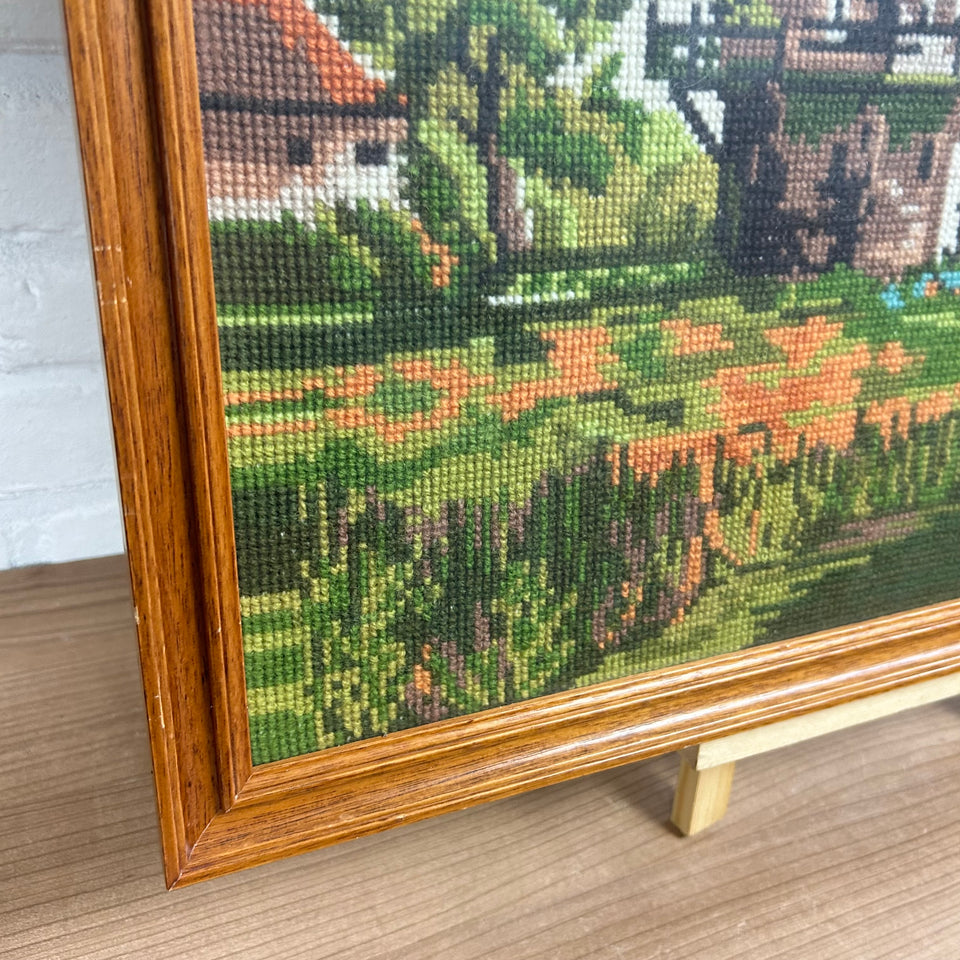 Vintage Embroidery - Dutch windmill - wall tapestry - Cottonwork - Framed