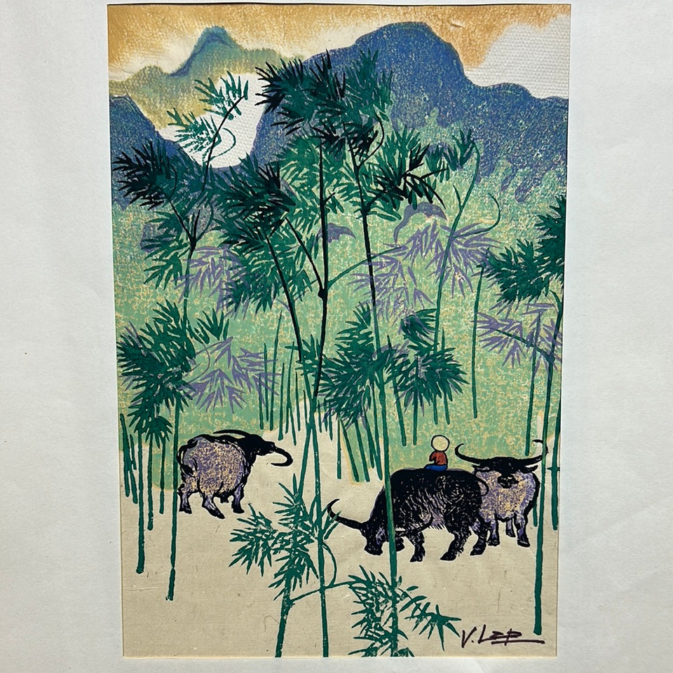 Original mixed media painting Thăm rừng trúc by V. Lap