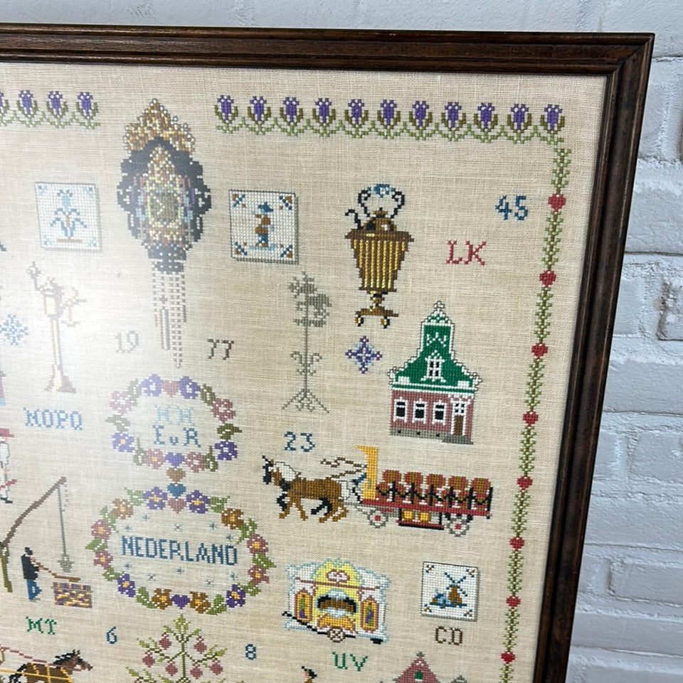 Vintage Sampler Dutch Scenes from Holland Embroidery - Tapestry - Patchwork - Cotton work - Framed