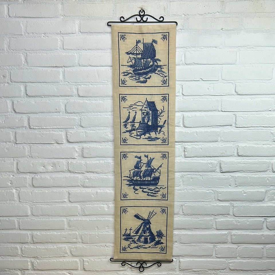 Large Delft tile cross-stich embroidery -  wall hanging - including handles - Sailing ships and windmill