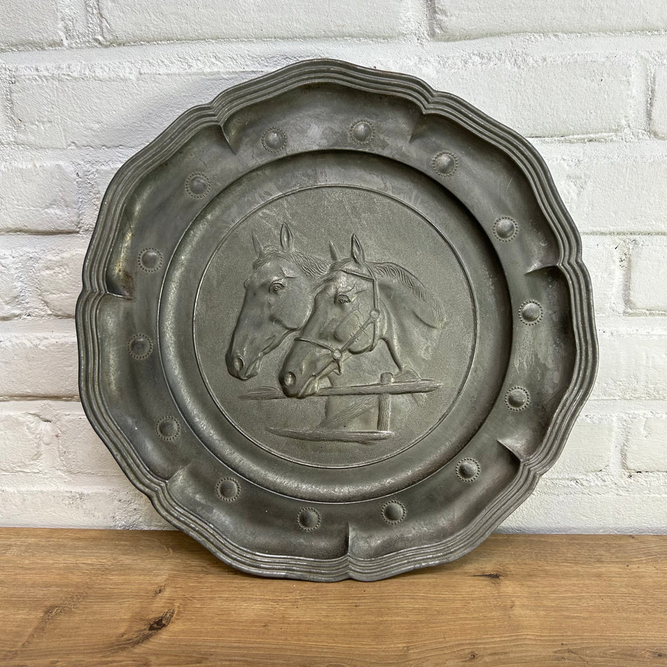 Antique Horse Pewter Decorative Plate, Two Horses Stading at a Fence