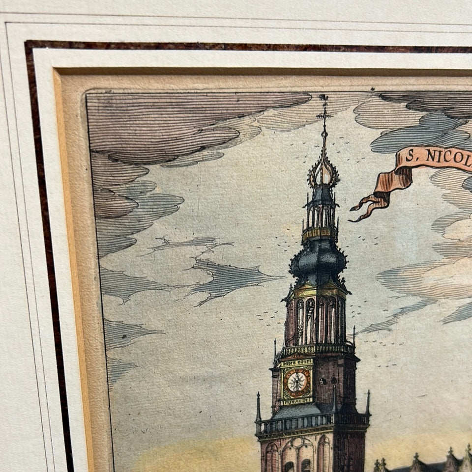 Antique 1692 original hand colored engraving Amsterdam “S. Nicolaes ofte Ouwe Kerk” by Isaac Commelin