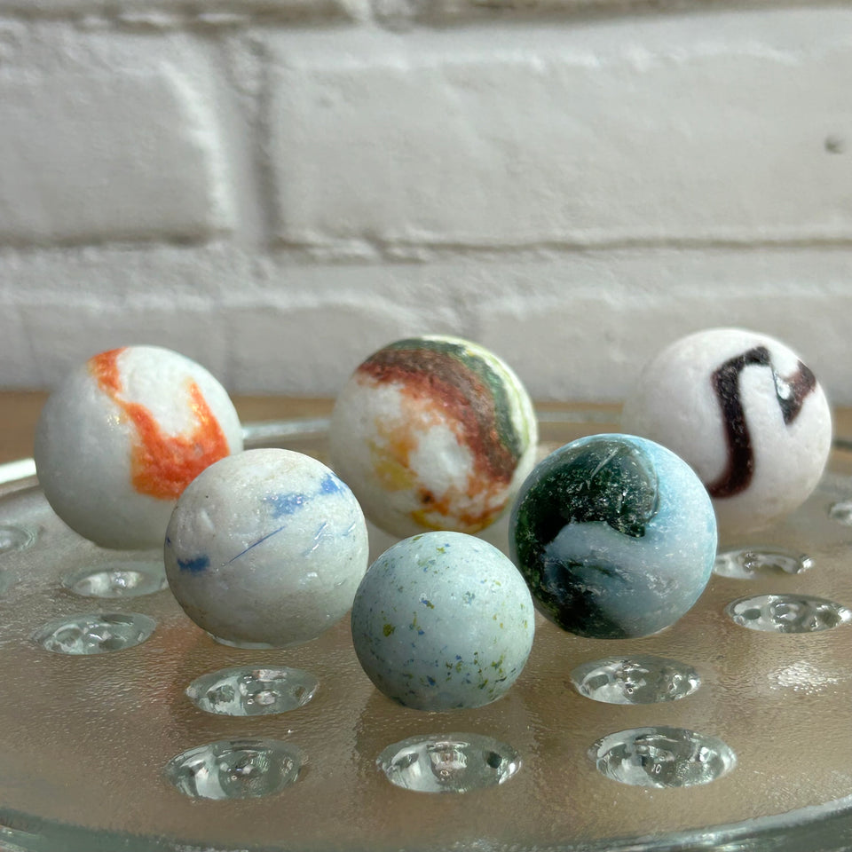 White opaque and milk Sea Glass marbles set of 6 sea marbles