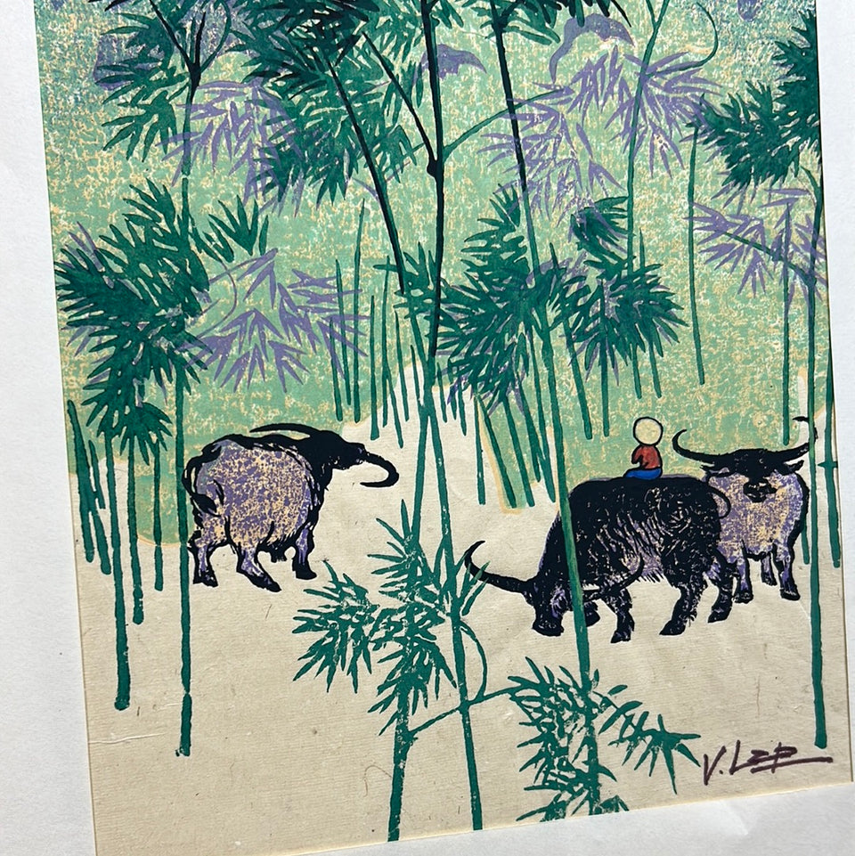 Original mixed media painting Thăm rừng trúc by V. Lap