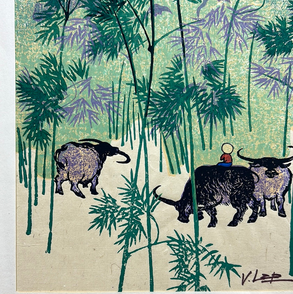 Original mixed media painting Thăm rừng trúc by V. Lap