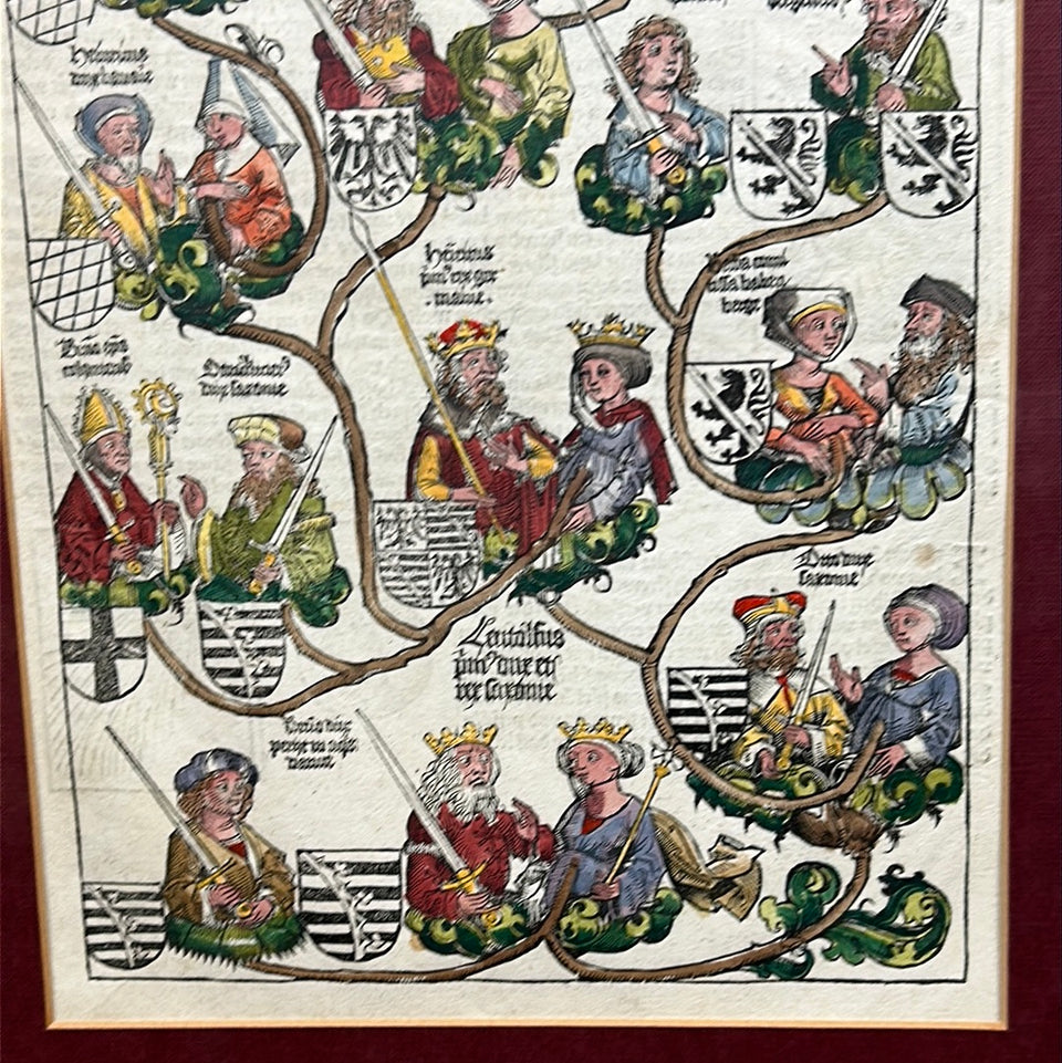 15th Century original Nuremberg Chronicles leaf - Genealogy of Henry II