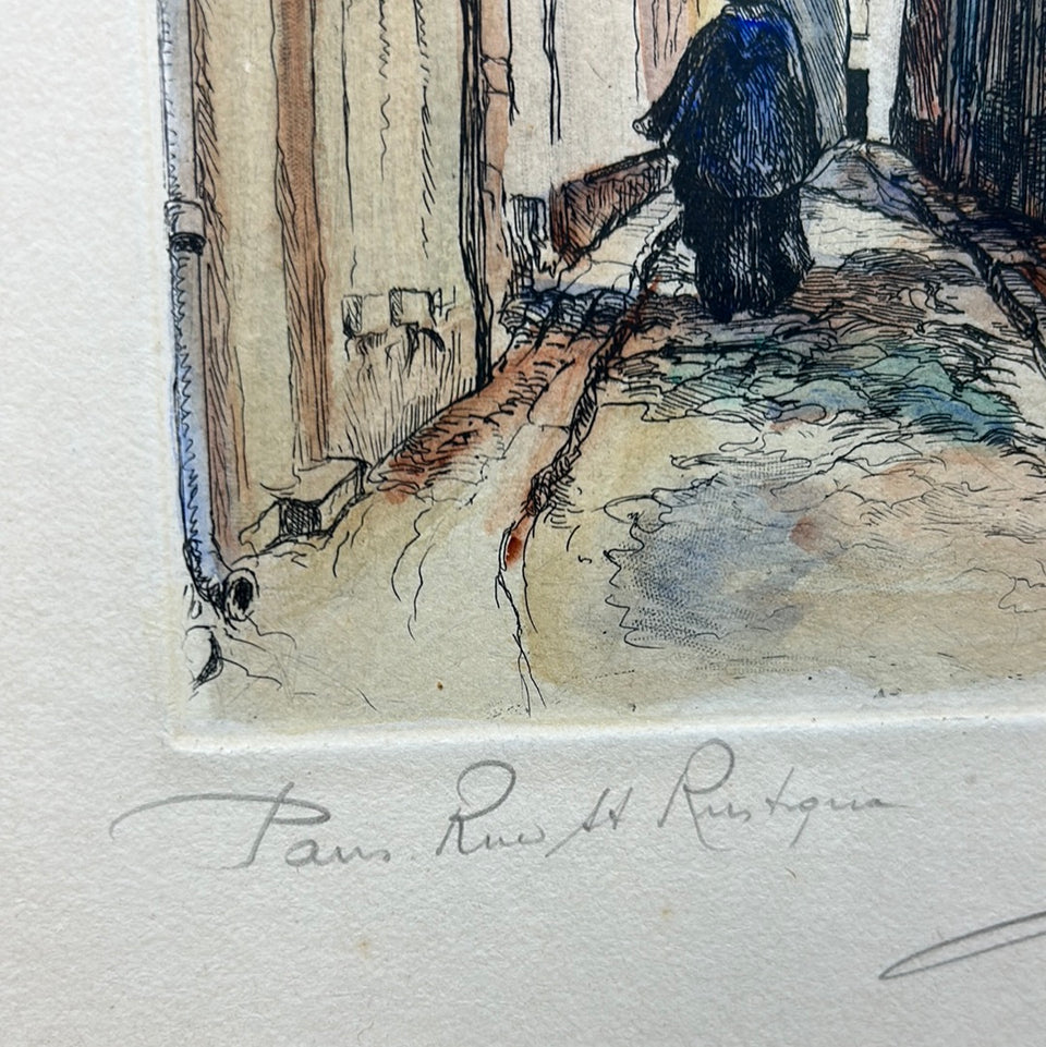 Framed Colored etching Paris “Rue Saint-Rustique à Montmartre”