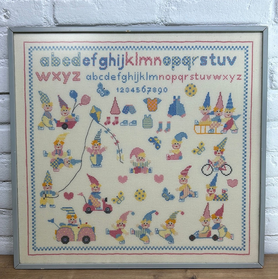 Alphabet Gnomes playing - Kids room Embroidery - Cottonwork - Framed