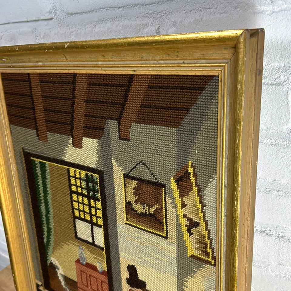 Dutch Interior Vermeer - Vintage Embroidery - Tapestry - Patchwork - Cotton work - Framed
