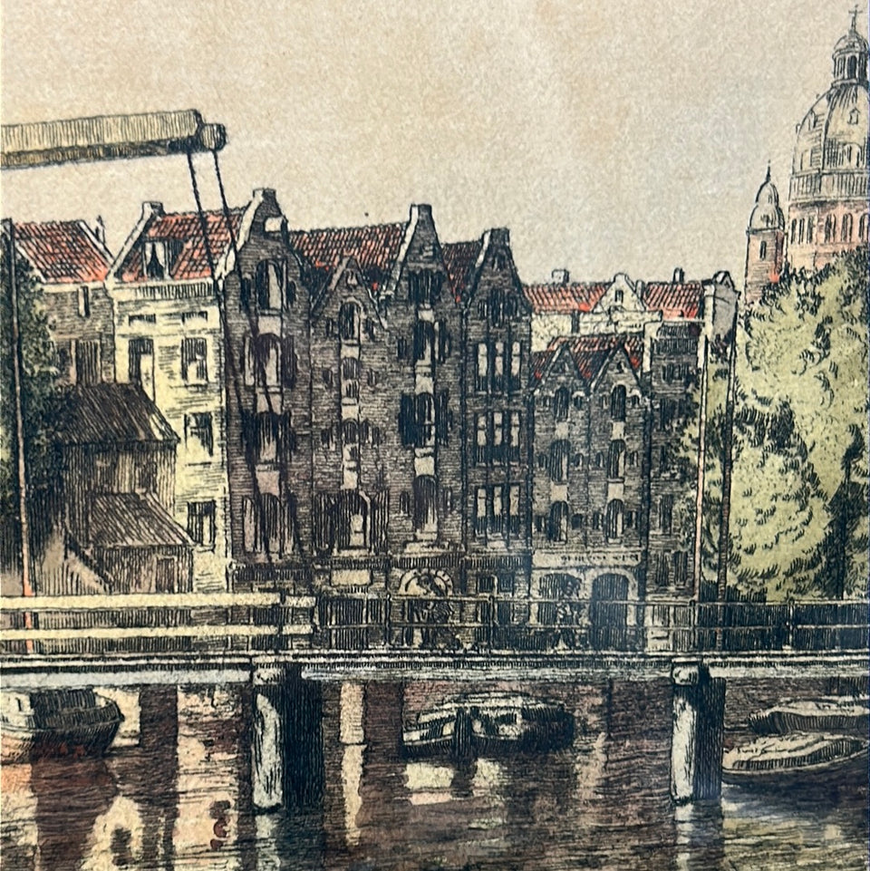 Antique hand colored engraving Amsterdam “Montelbaanstoren”