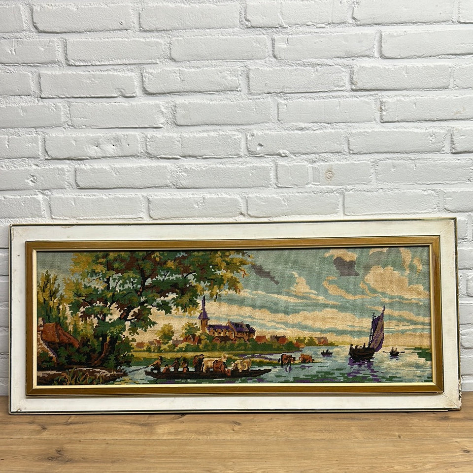 Large 100cm horizontal landscape with river and castle - Embroidery - Cottonwork - Framed