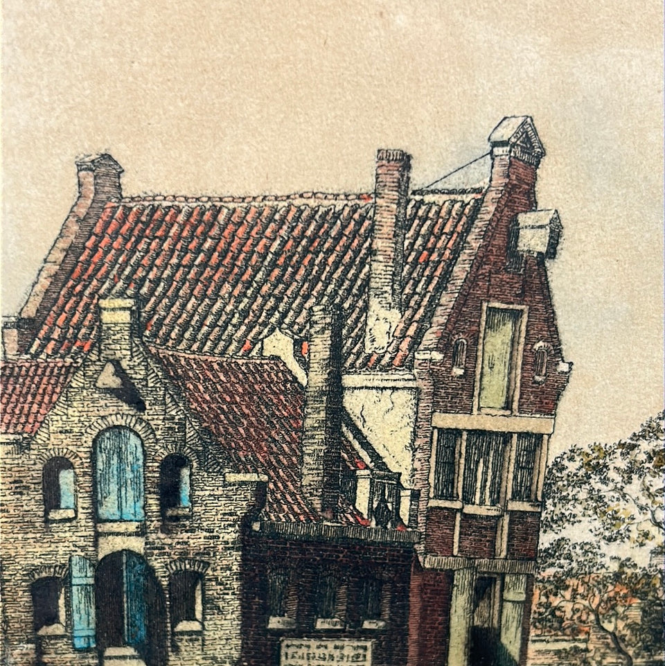 Antique hand colored engraving Amsterdam “Montelbaanstoren”