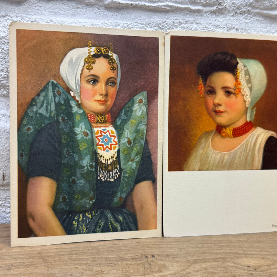 Set of 4 Antique Dutch Folk Dress Postcards – Holland Traditional Costume Embroidery Illustrations