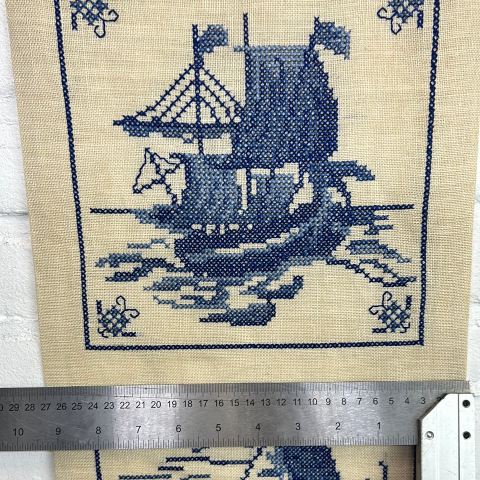 Large Delft tile cross-stich embroidery -  wall hanging - including handles - Sailing ships and windmill