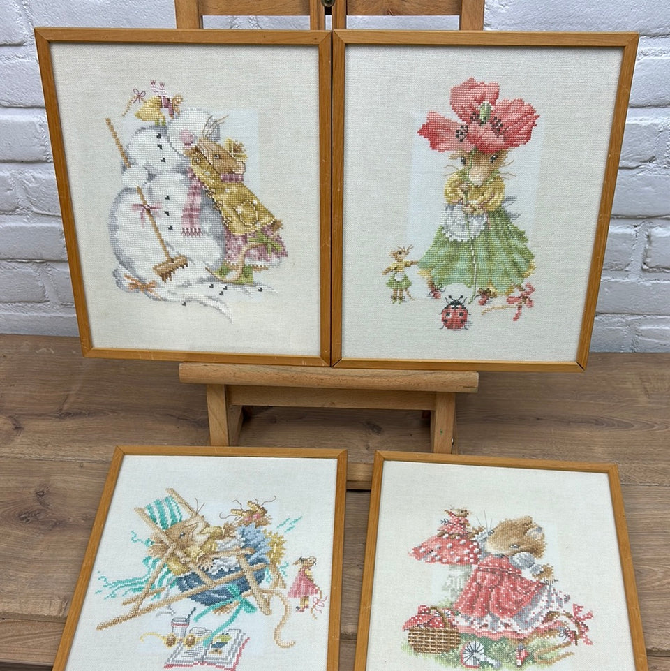 Vintage Mouse - 4 seasons - Embroidery complete set of 4 - Childrens room - Tapestry Mouse - Patchwork - Cotton work - Framed behind glass