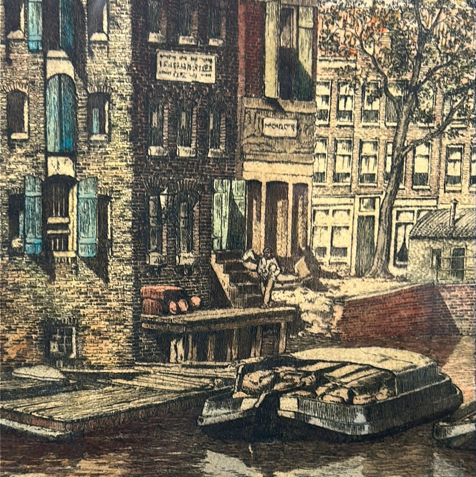 Antique hand colored engraving Amsterdam “Montelbaanstoren”