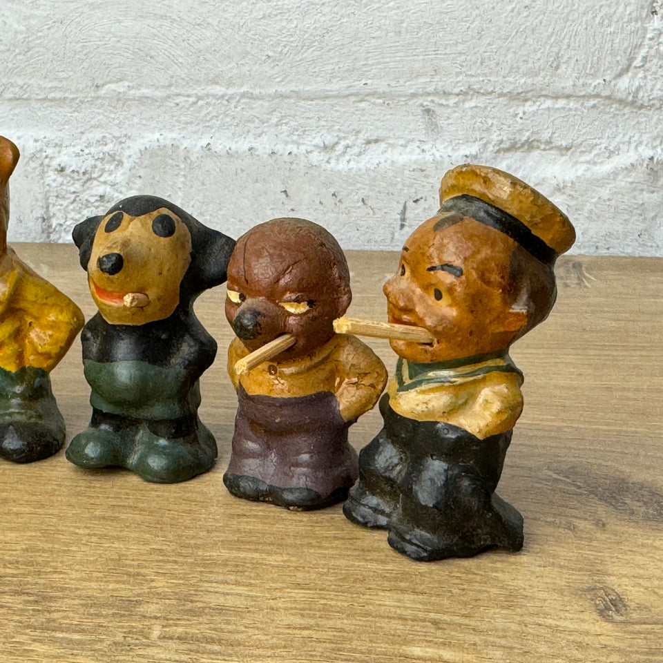 Large set of 6 figures - Stabchen Raucher Macky Smoker figurines and a antique smoking Mickey Mouse