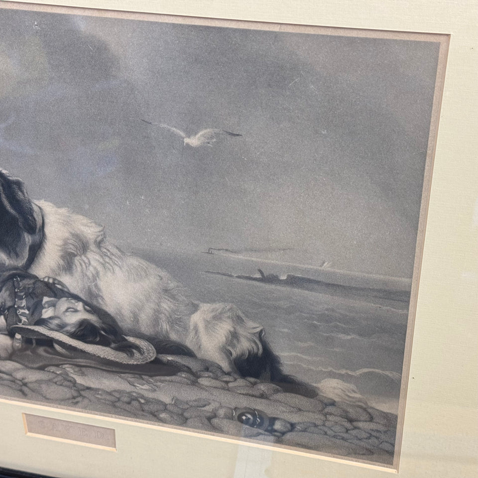 Antique Edwin Henry Landseer "He is Saved" Framed Currier and Ives Dog Lithograph print