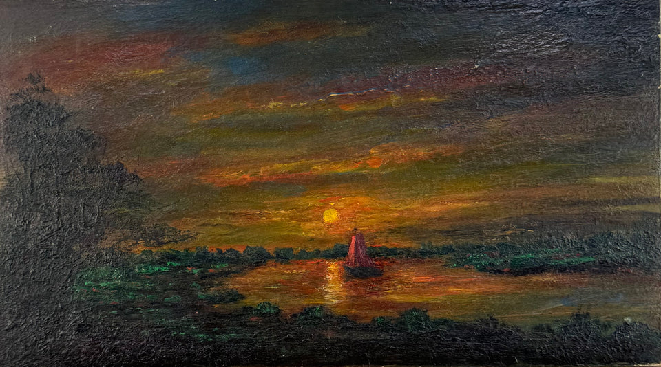 Sunset in Holland - Oil painting on wooden panel by Dutch painter Jan Bakker