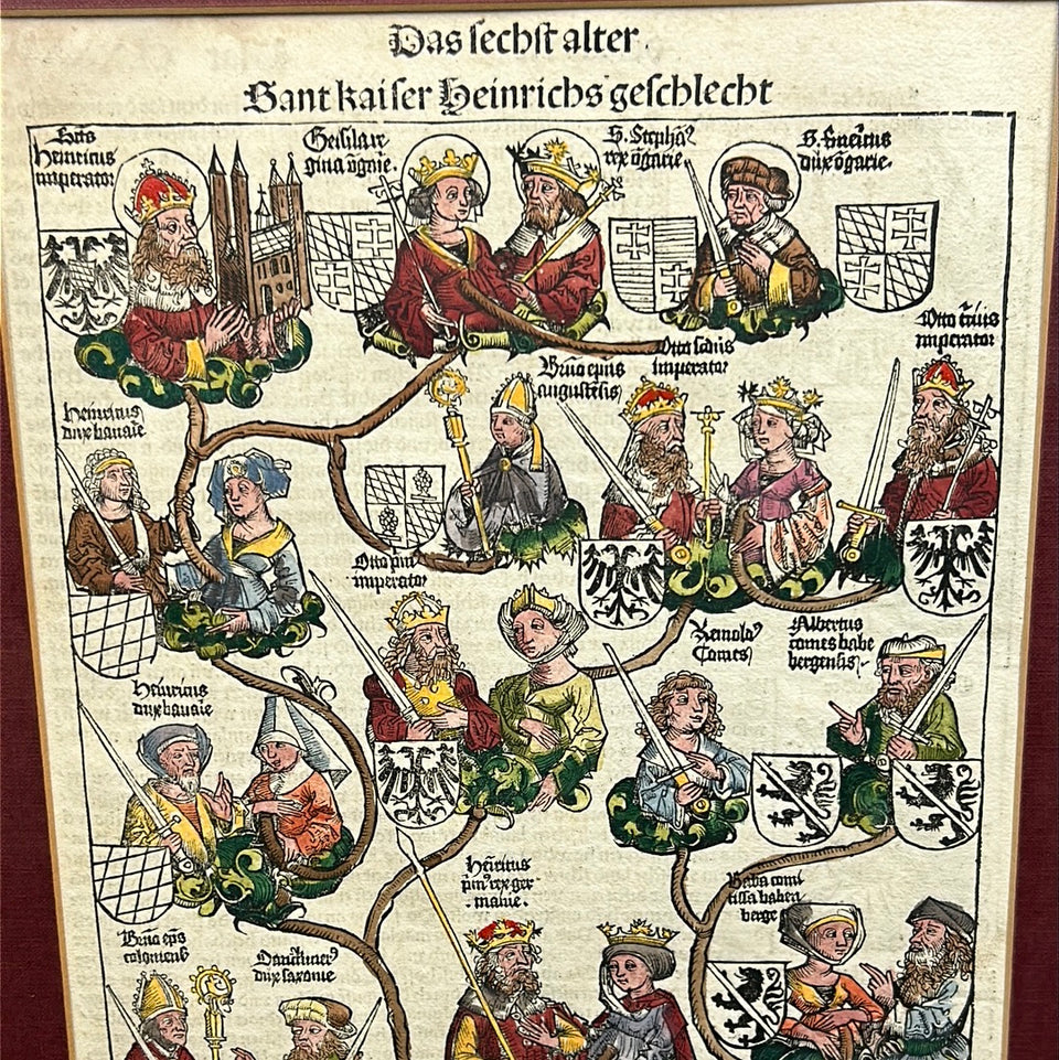 15th Century original Nuremberg Chronicles leaf - Genealogy of Henry II