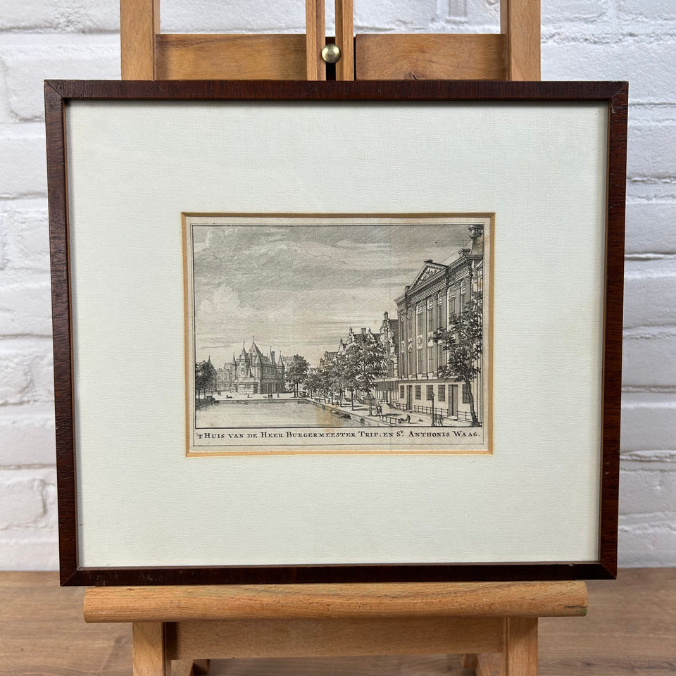 Antique etching print Amsterdam "'t Huis van de Heer Burgermeester Trip; en St. Anthonis Waag"