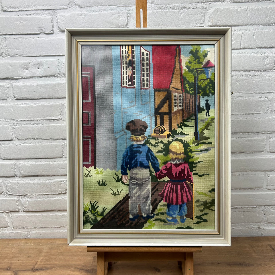 Boy & Girl Vintage Embroidery - Tapestry - Patchwork - Cotton work - Framed