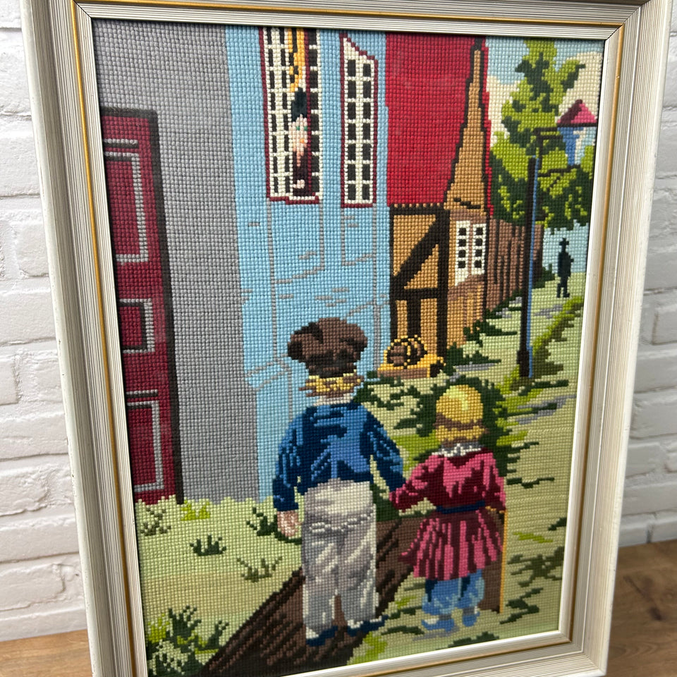 Boy & Girl Vintage Embroidery - Tapestry - Patchwork - Cotton work - Framed