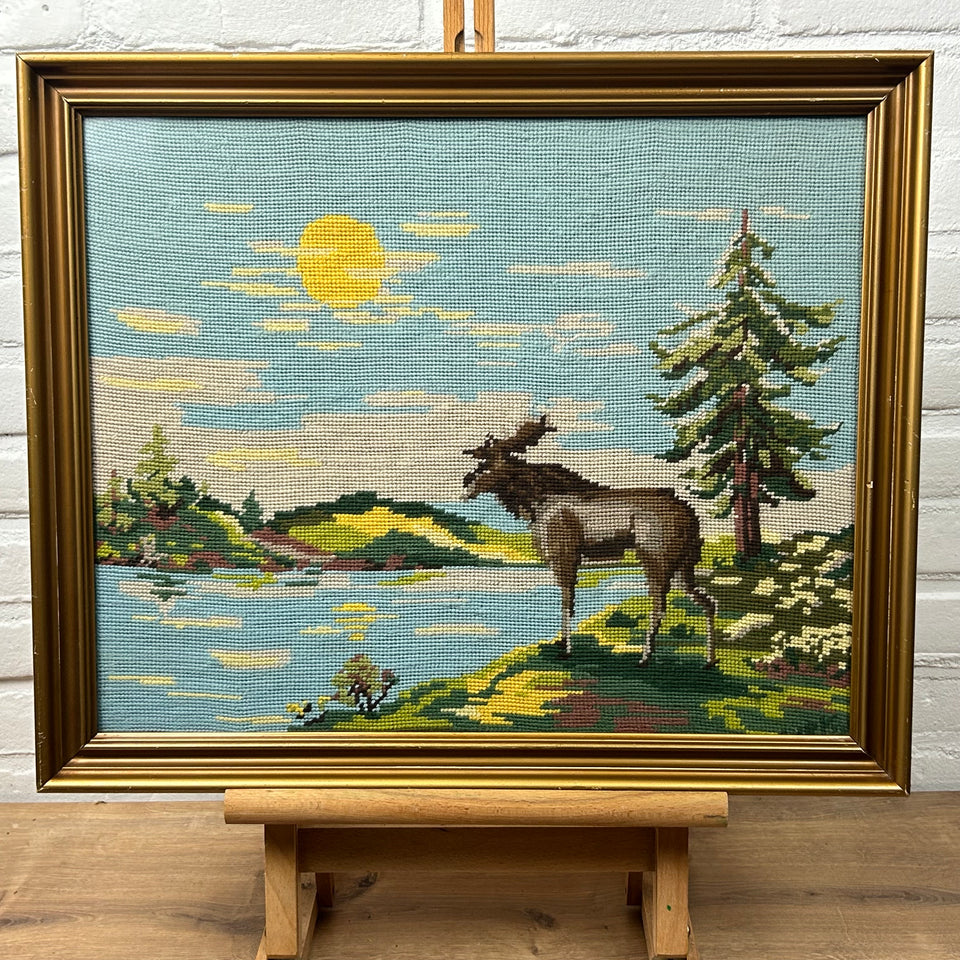 Landcape river with a rendeer - Vintage Embroidery - Tapestry - Patchwork - Cotton work - Framed