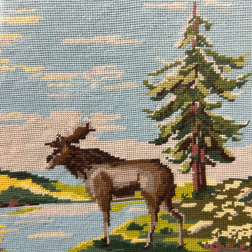 Landcape river with a rendeer - Vintage Embroidery - Tapestry - Patchwork - Cotton work - Framed