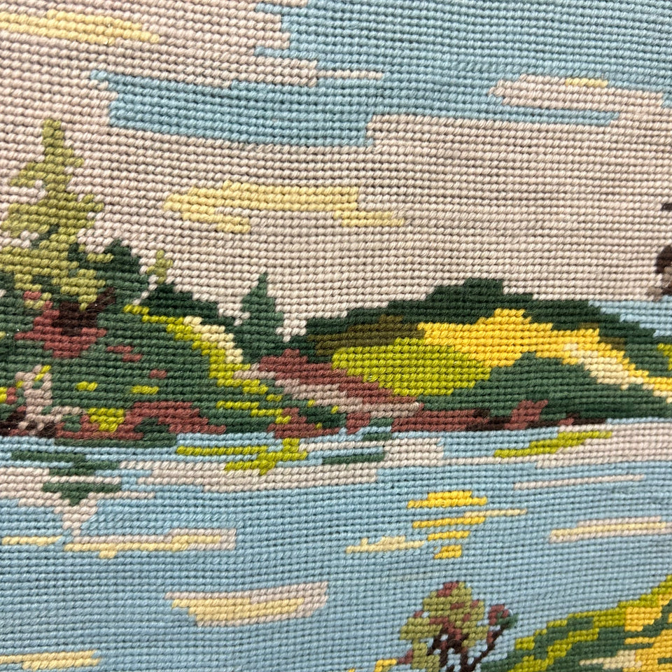 Landcape river with a rendeer - Vintage Embroidery - Tapestry - Patchwork - Cotton work - Framed