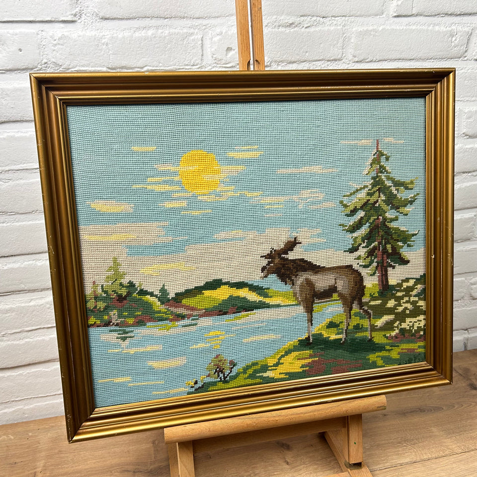 Landcape river with a rendeer - Vintage Embroidery - Tapestry - Patchwork - Cotton work - Framed